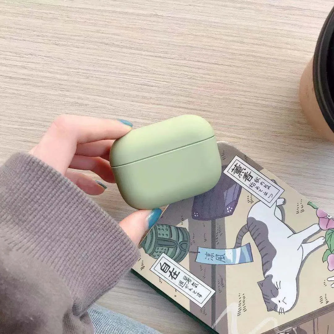Plastic protective case for AirPods Pro in multiple colour options including light blue and grass green.