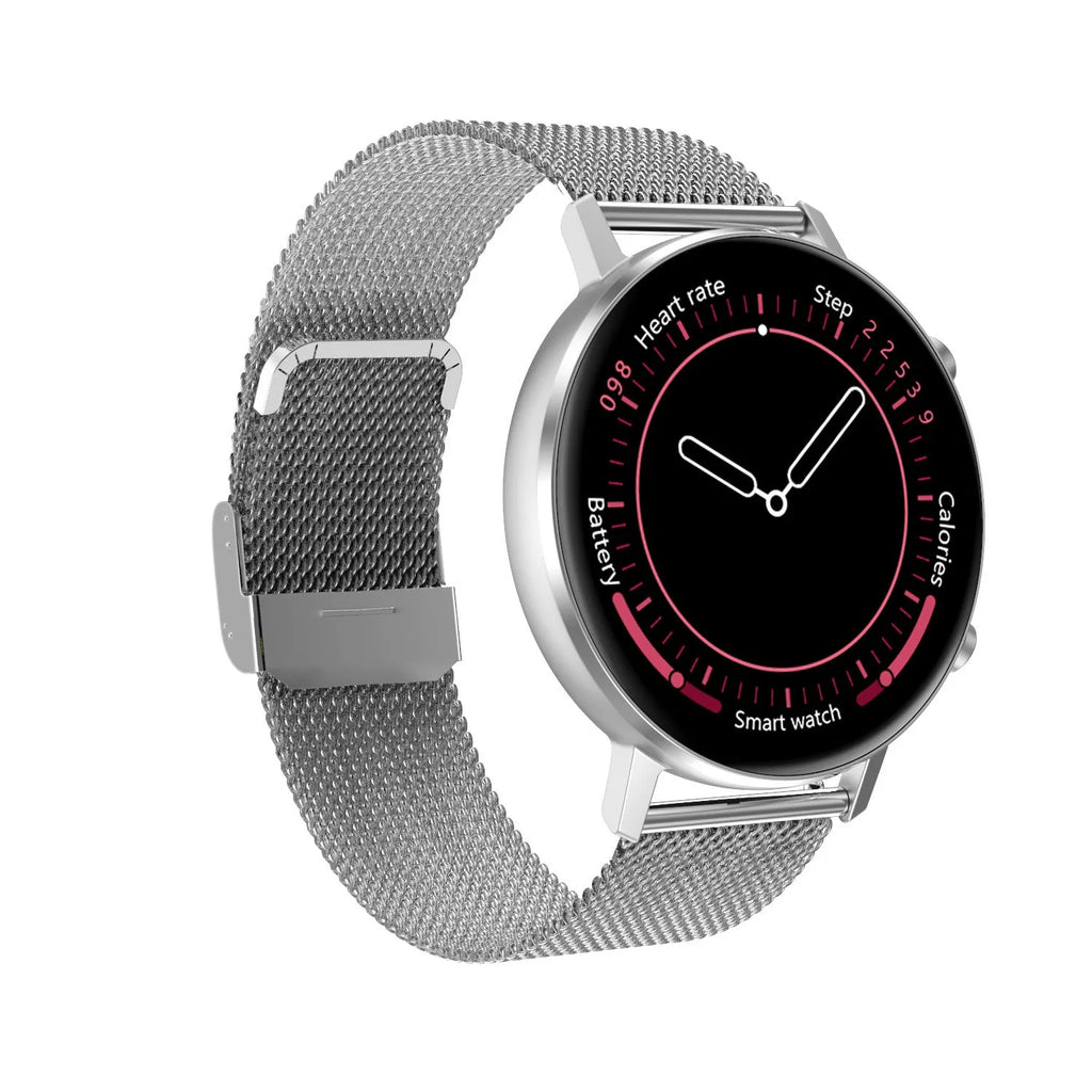 DT96 smart bracelet with steel strap and 1.3 inch colour screen shown in silver.