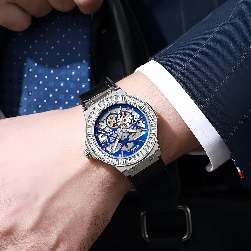 Men's automatic mechanical wristwatch with skeleton dial and diamond-studded stainless steel case.
