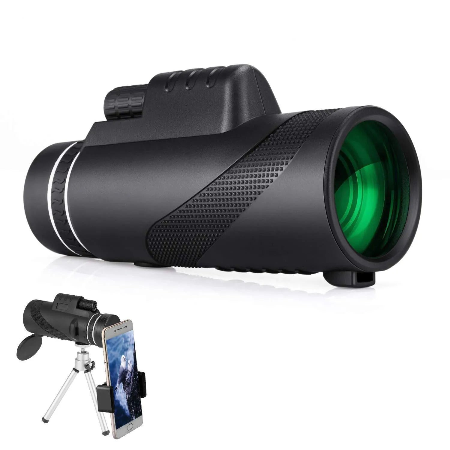 Black 40x60 monocular telescope with waterproof housing and FMC green film lens for outdoor observation.