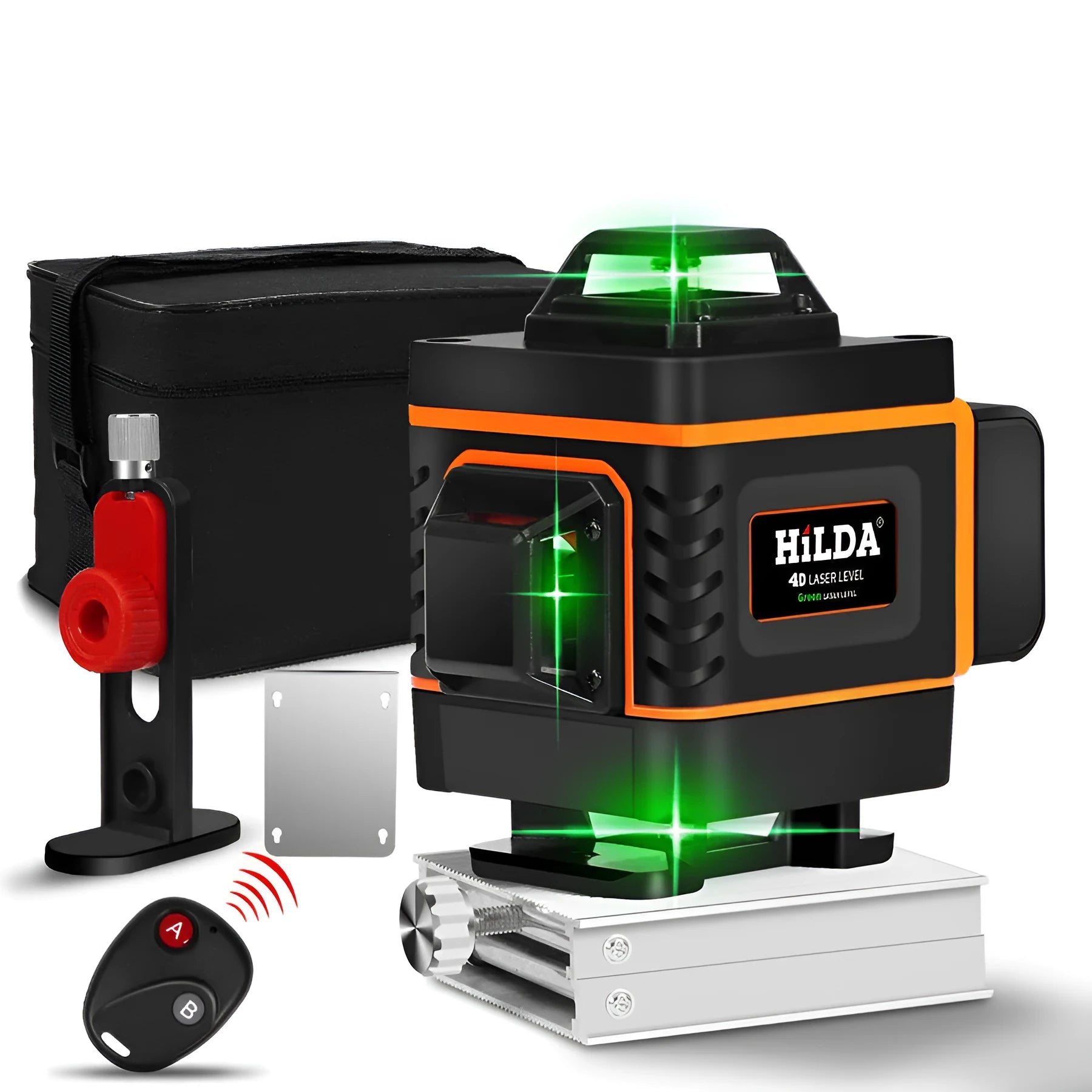 Rotating laser level with green and orange beam options showing 16-line projection pattern