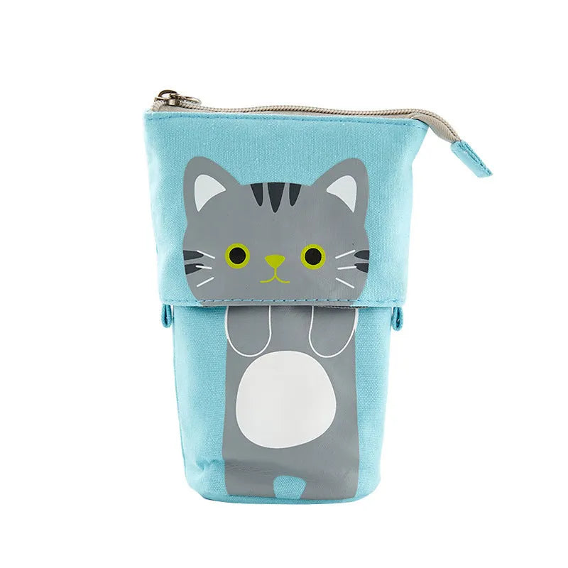 Round Korean-style canvas pencil case with cartoon animal prints measuring 19x7.5x12.5cm