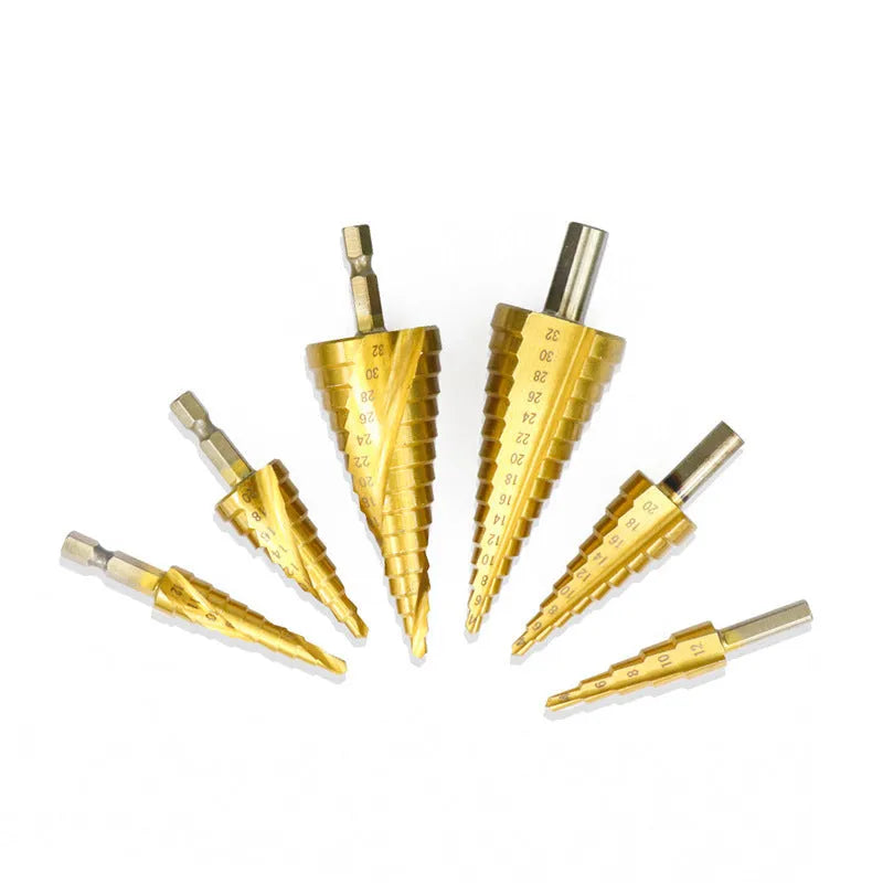 High-speed steel cone step drill bit and centre punch set for metal and wood drilling