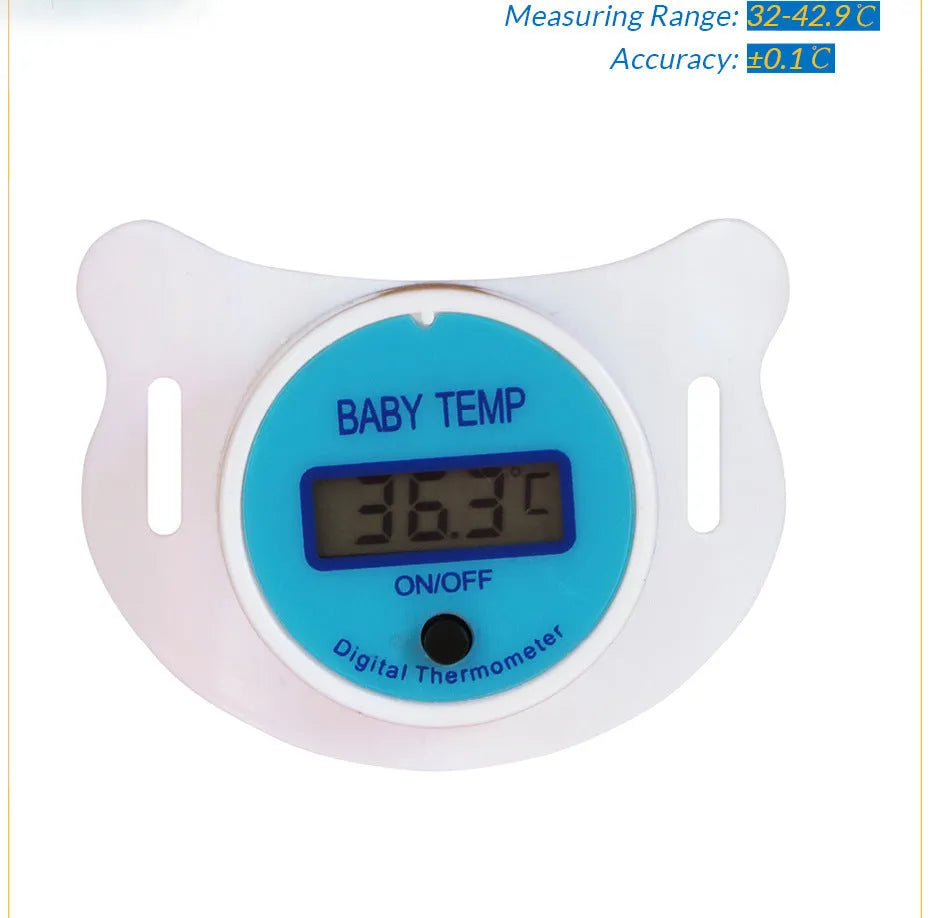 Baby pacifier digital thermometer with LCD display in pink and blue colours