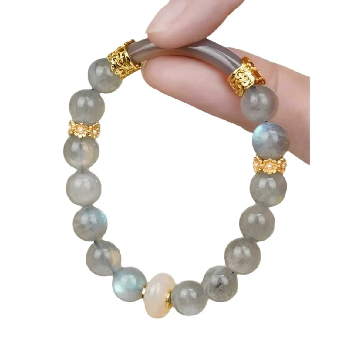 Grey moonstone agate half-wrap bracelet with 8mm round beads on a woman's wrist.