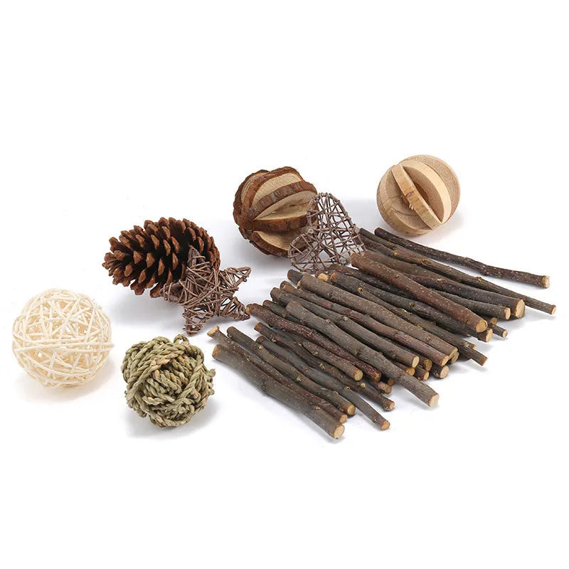 Natural wooden toy set for small pets with natural logs, suitable for hamsters, birds, and rabbits