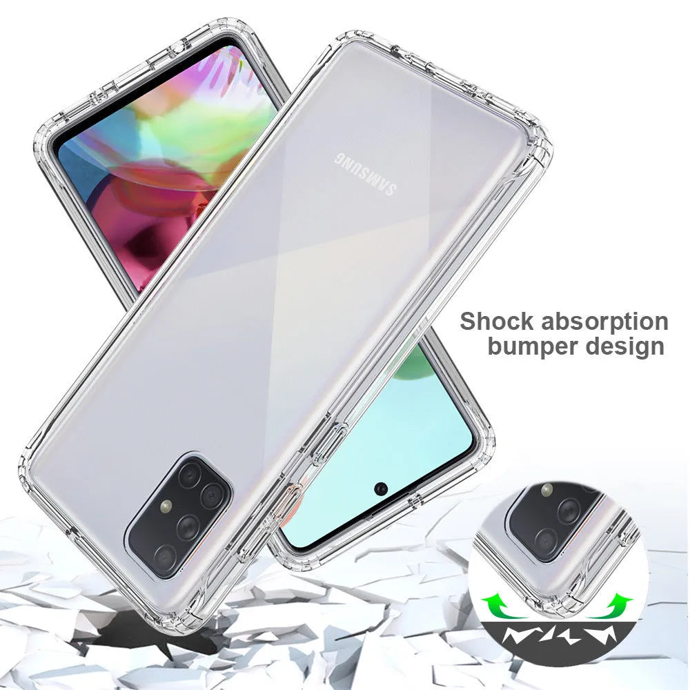 Transparent all-inclusive mobile phone case for Samsung Galaxy phones on a table.