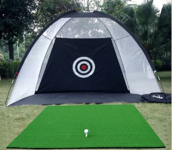 Golf practice net tent 2m fibreglass cage black and green front view with target sheet and ball collection floor