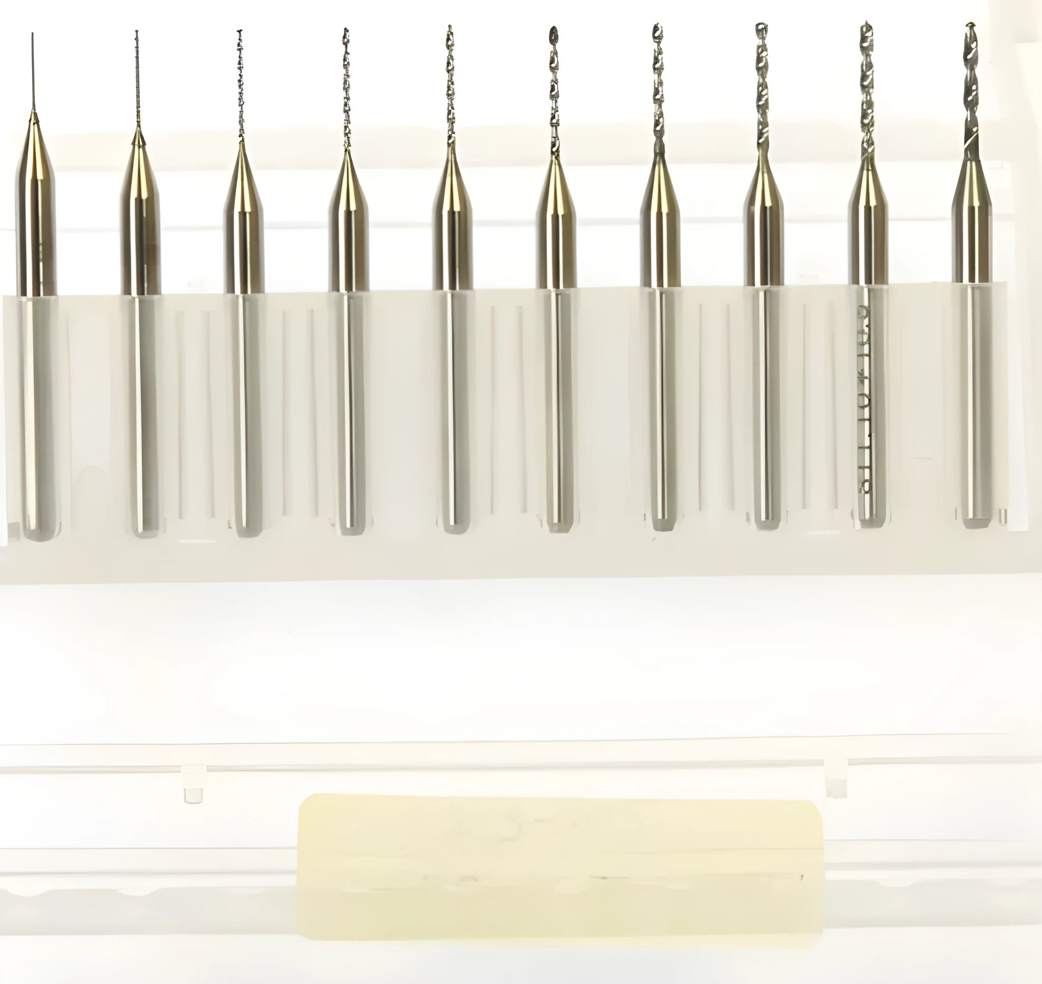 Set of tungsten steel micro engraving drill bits for precision electronics and hardware work.