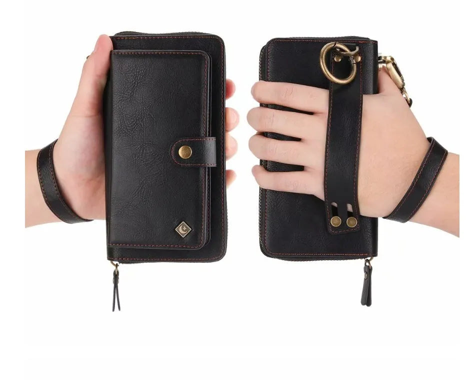 Black imitation leather phone case with a zippered wallet compartment open, showing card slots.