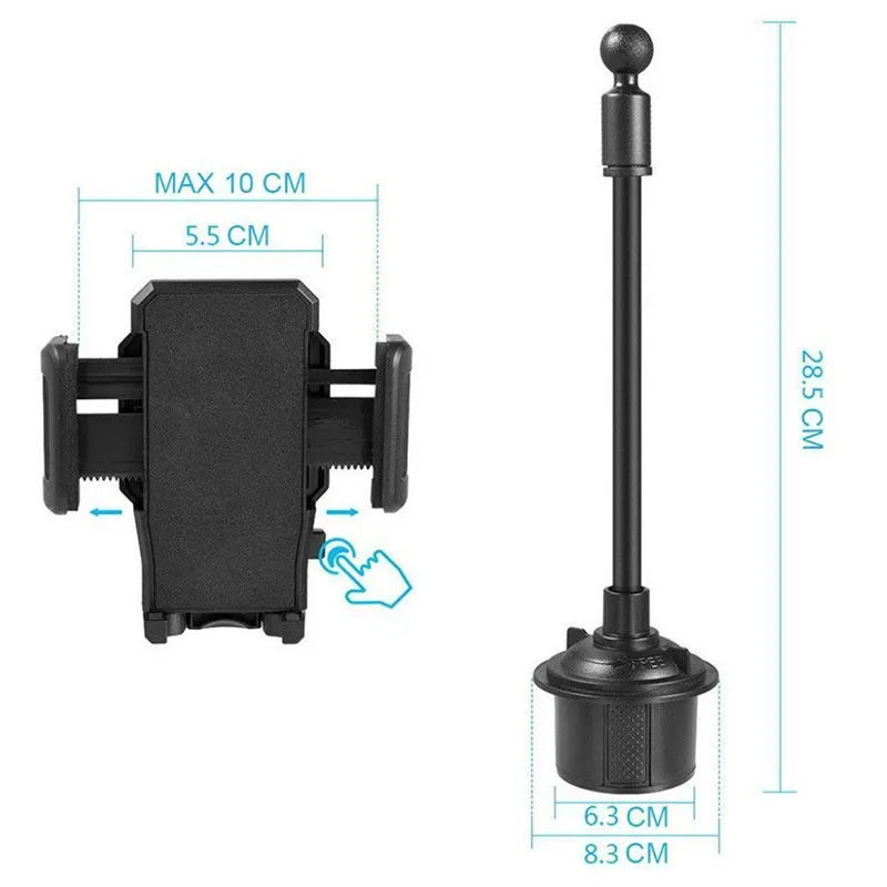 Black universal car phone mount with adjustable side arms shown mounted on a car air vent.