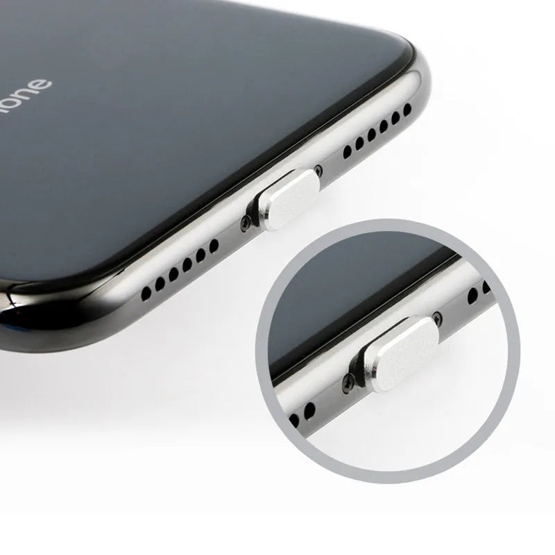 Aluminium alloy iPhone charging port dust plug in gold, silver, blue, red, grey, black, and rose gold colours.