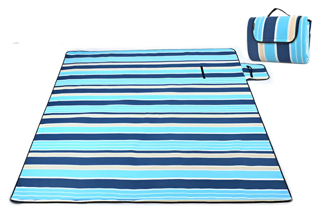 Folding suede picnic mat with waterproof aluminium base, 200x200cm, blue stripes pattern, outdoor use