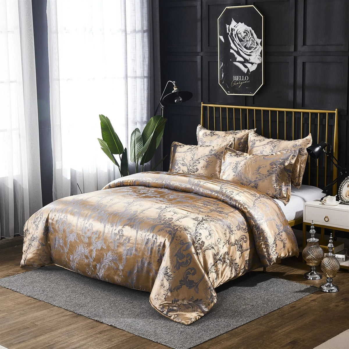 Three-piece polyester bedding set with plain weave, reactive print, edging, in blue grey pink purple white, sizes 135x200cm to 260x230cm