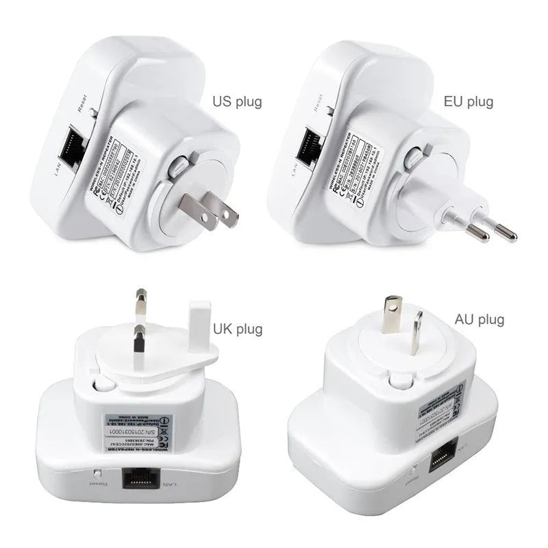White and black WiFi repeater 300Mbps 2.4GHz with UK plug and integrated antennas isolated on white background