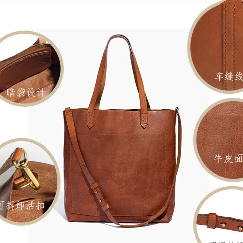 Medium genuine leather tote bag square vertical shape double shoulder straps retro sewing line black or brown