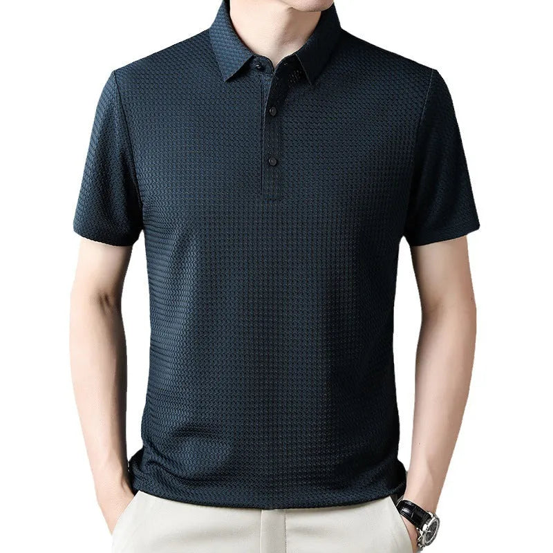 Summer men's short-sleeved casual polo shirt in khaki with collar, regular fit