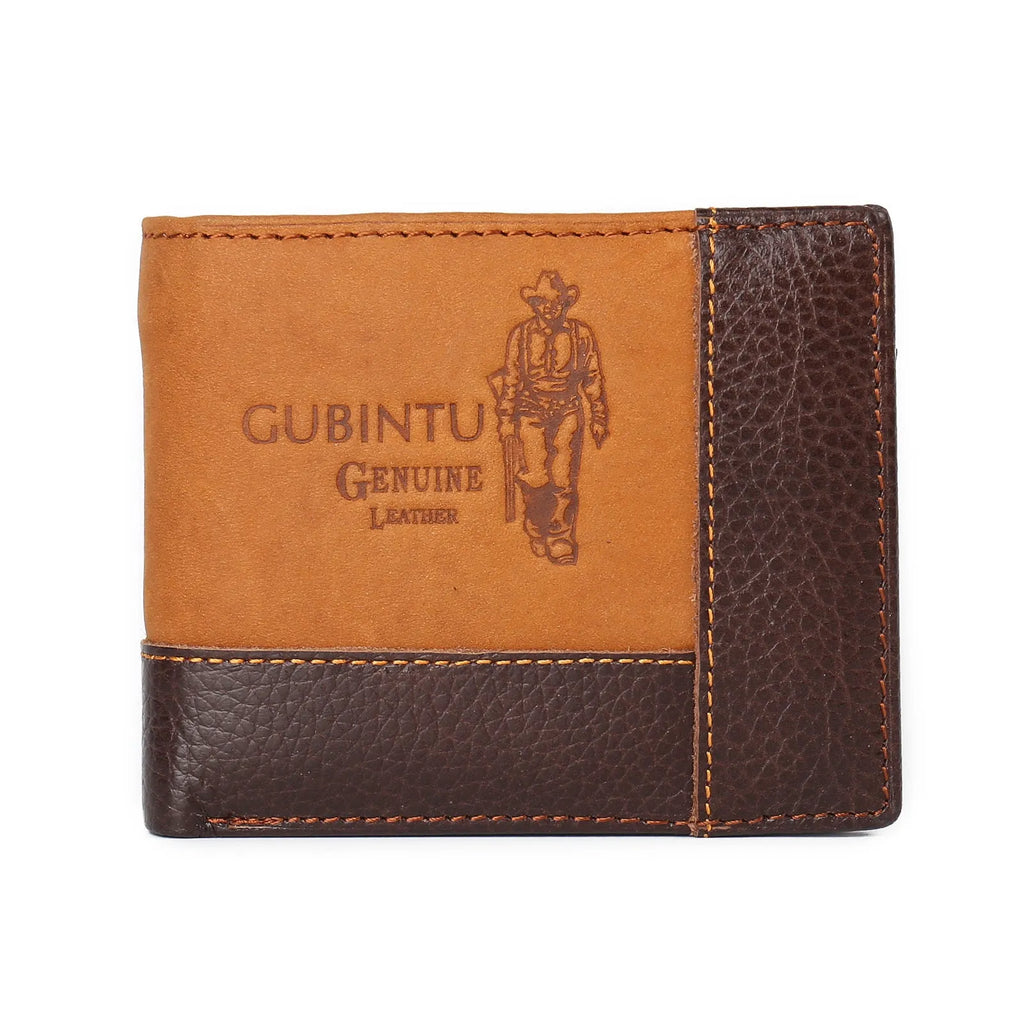 Cowhide leather men's wallet with contrast stitching, shown open to reveal card slots, bill holder, and a zipper compartment.