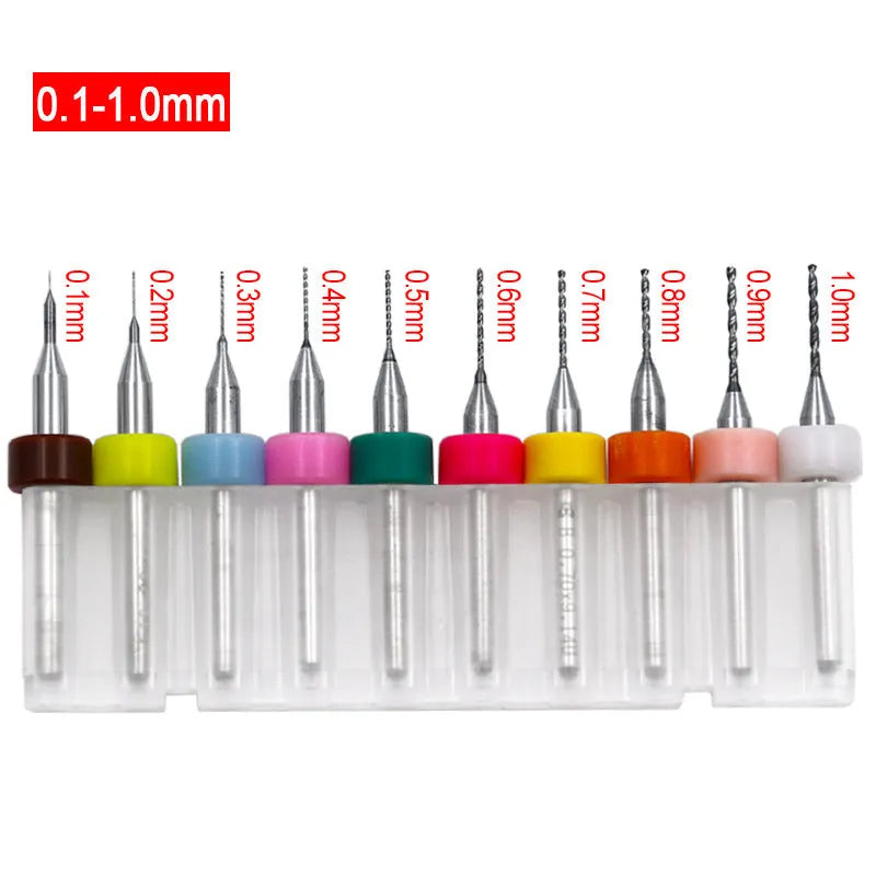 Tungsten carbide straight shank PCB drill bits in sizes from 0.1mm to 1.2mm with 3.2mm shank.