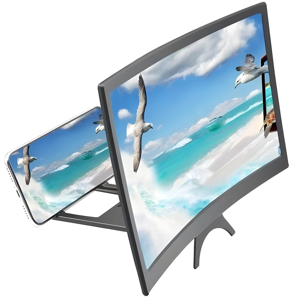 12 inch black mobile screen magnifier with curved arc frame and HD acrylic lens on a desktop