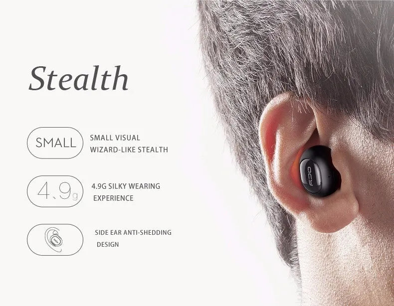 QCY Q26 Bluetooth headset in black, single-ear in-ear design with USB charging cable