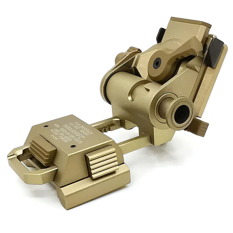 CNC aluminium dumper bracket for tactical helmet in black, brown, and silver finishes next to a helmet rail.