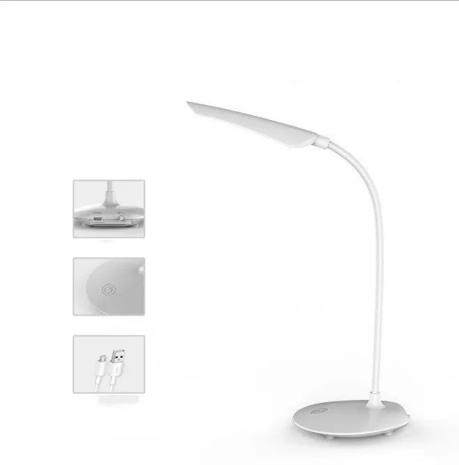 White LED desk lamp with USB charging cable, touch switch, and ABS shade on a desk
