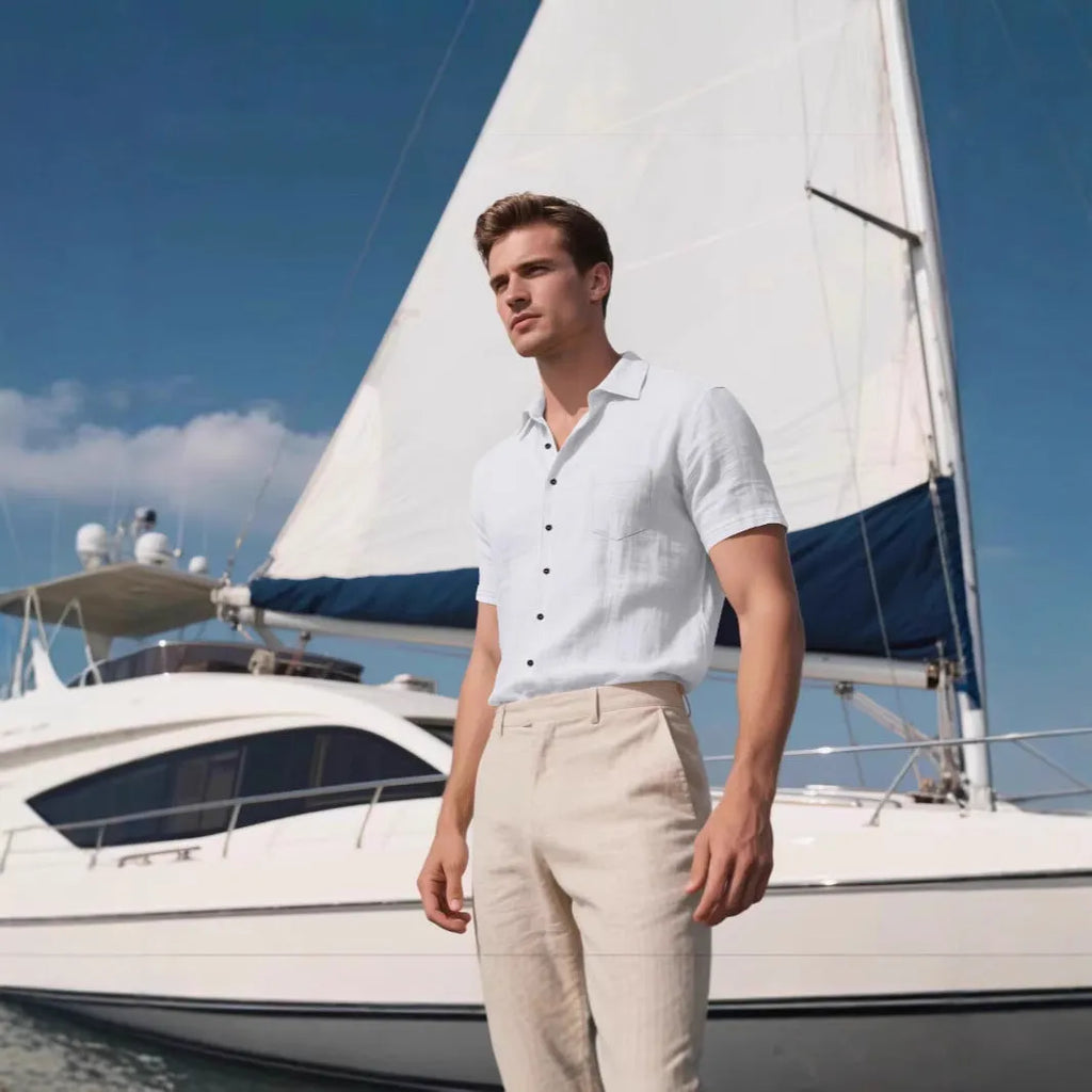 Man wearing a loose-fit light blue linen short-sleeved shirt in a casual setting.