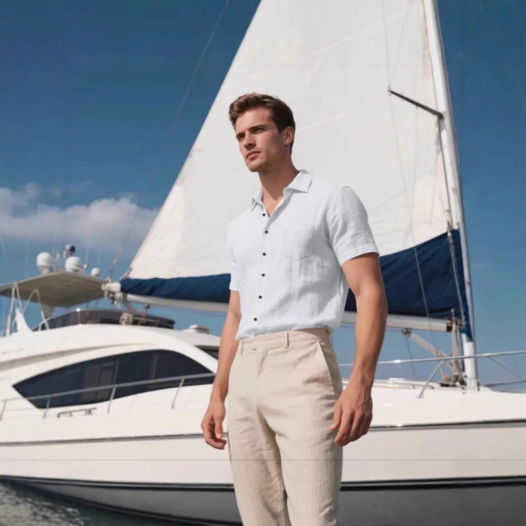 Man wearing a loose-fit light blue linen short-sleeved shirt in a casual setting.