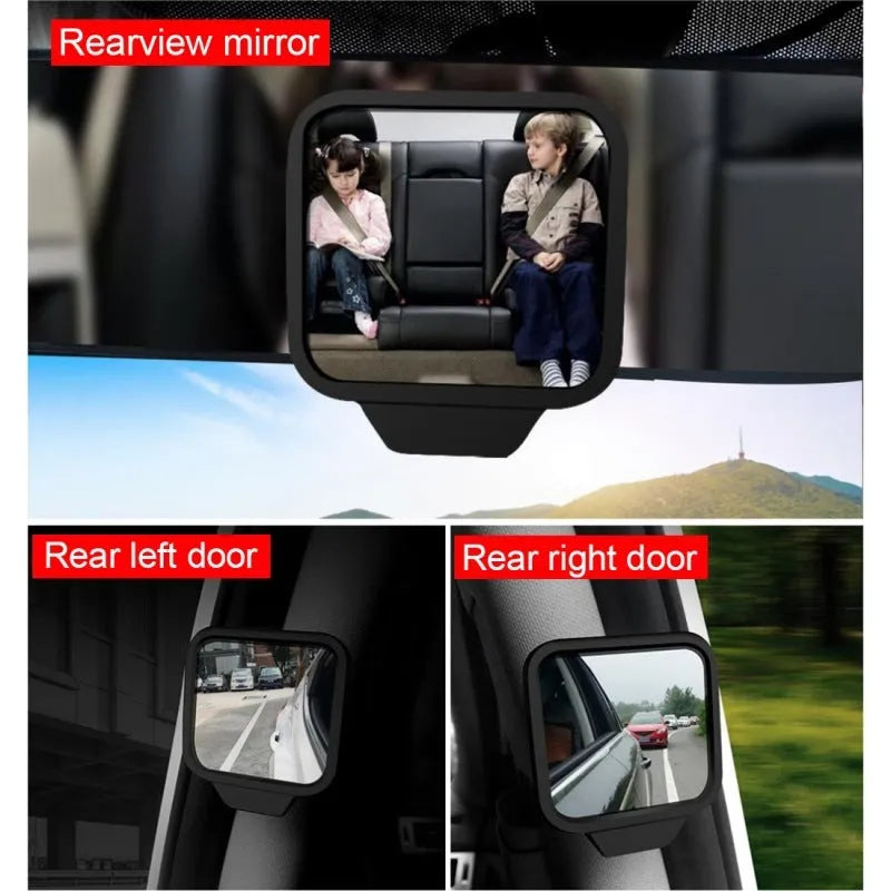 Compact car rear view mirror with plastic housing and glass surface, measuring 7x6x1cm.
