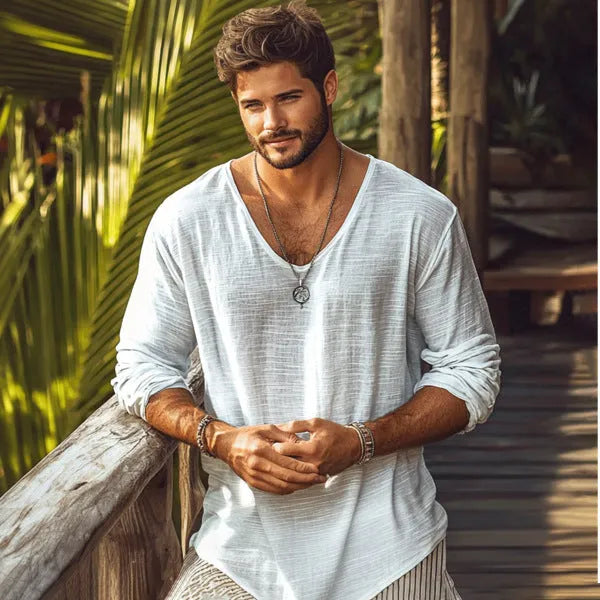 Beige V-neck long-sleeved slim fit top made from hemp blend polyester fabric
