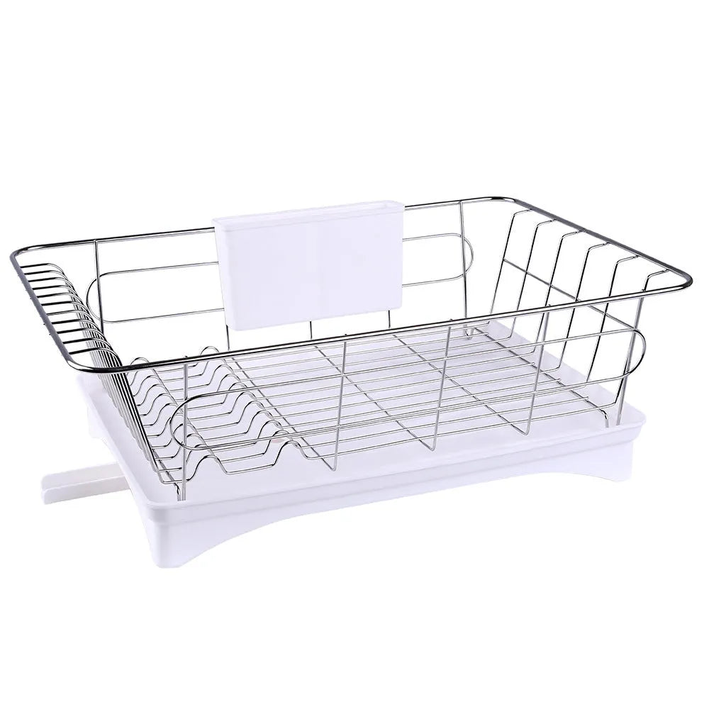 Black stainless steel dish drying rack with plastic cutlery holder and drain board on a kitchen counter.