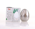 Stainless steel egg-shaped mechanical kitchen timer with manual dial.
