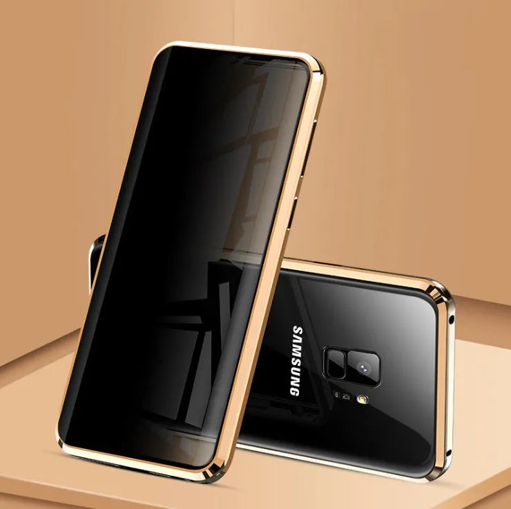 Black magnetic clamshell phone case for Samsung smartphones with glass construction and closed magnetic design