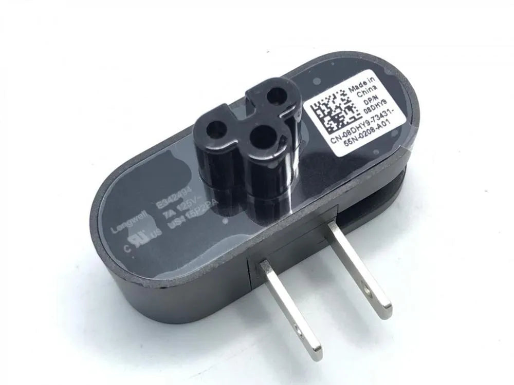 Black folding US plug for laptop chargers showing straight and 90-degree angled positions.