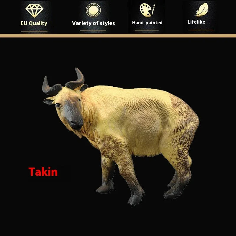 Plastic simulation animal toy model of a takin, 10.5cm tall, in natural colour finish, on a white background