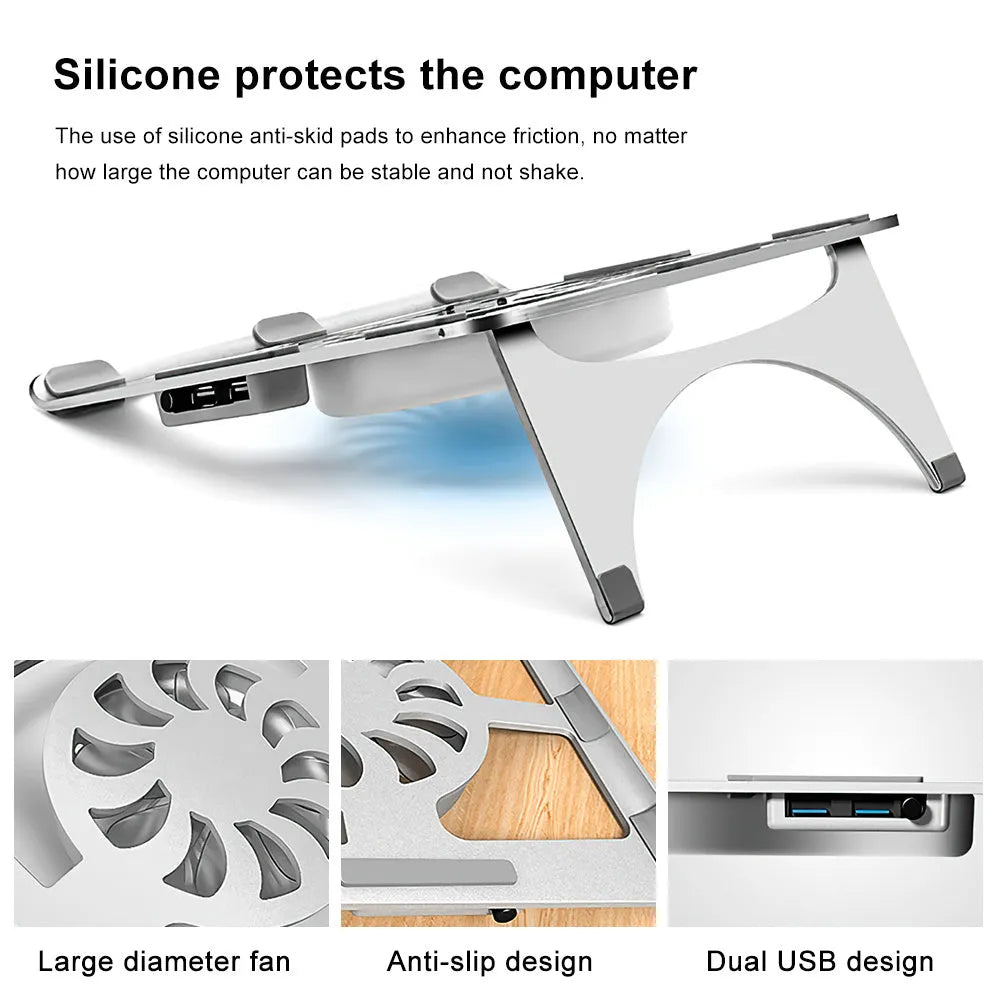 Silver M9 aluminium alloy folding lifting laptop cooling bracket on a desktop