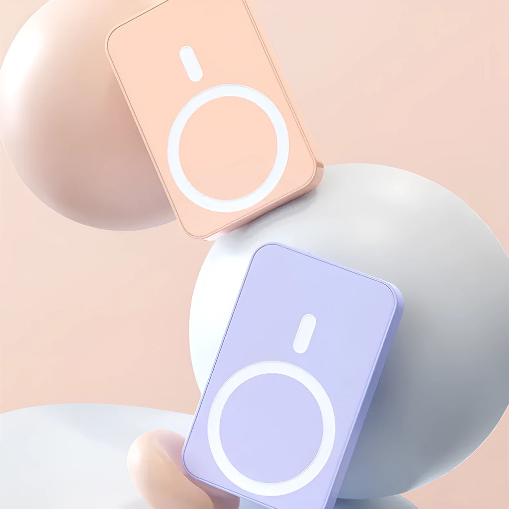 Pink plastic magnetic wireless power bank showing dimensions of 100x64x18mm
