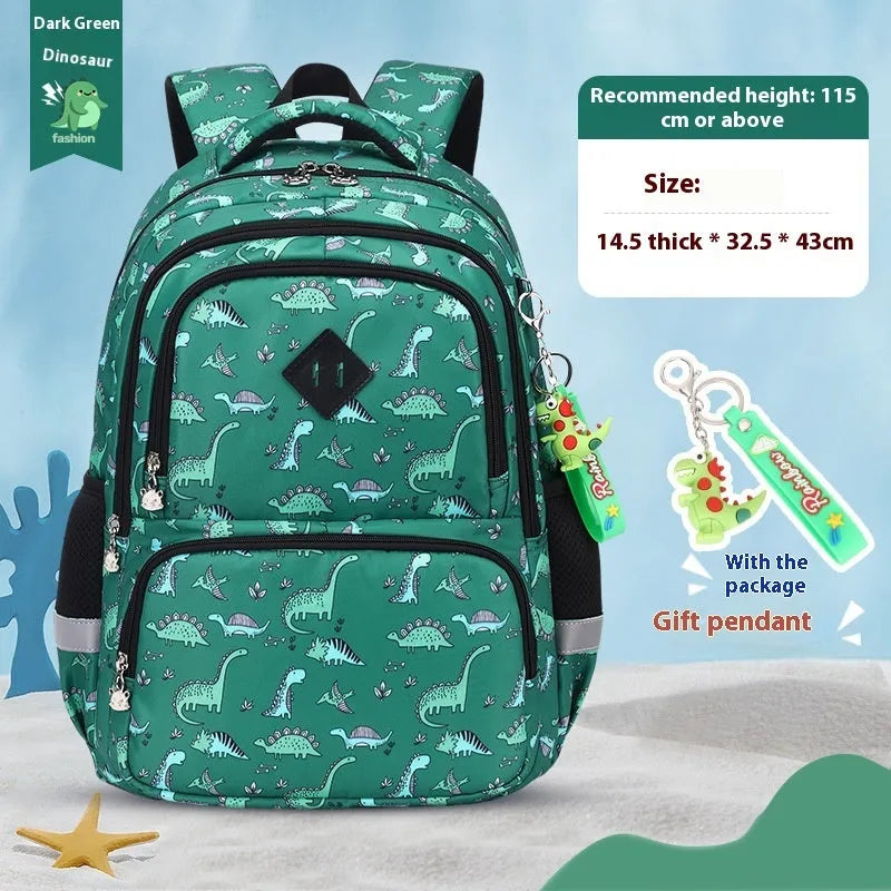 Children's Oxford cloth school backpack in a dinosaur pattern, showing curved straps and spine protection design.