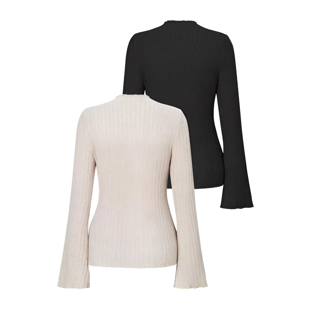 A man's black long sleeve top with a round neck and relaxed lantern sleeves in a slim fit.