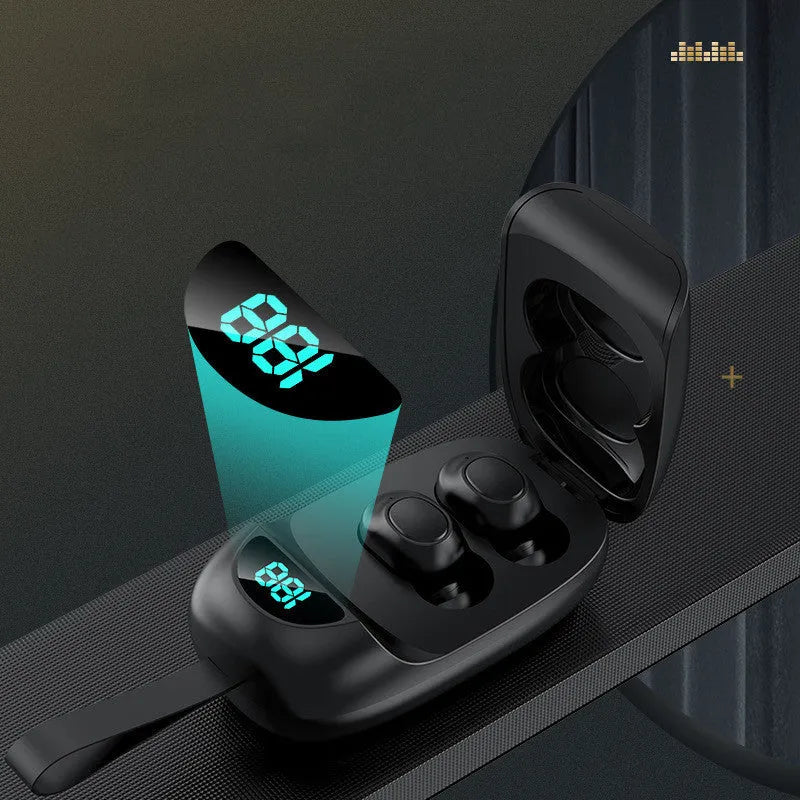 Black wireless Bluetooth TWS earphones with smart charging case displayed