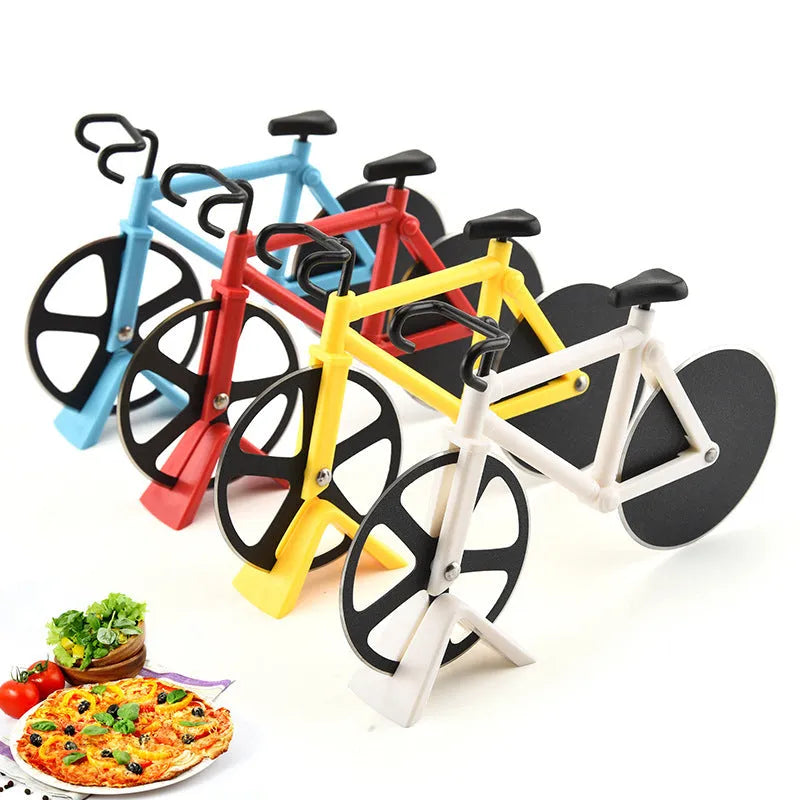 Bicycle-shaped pizza cutter with stainless steel blade and hand-grip handle on a cutting board