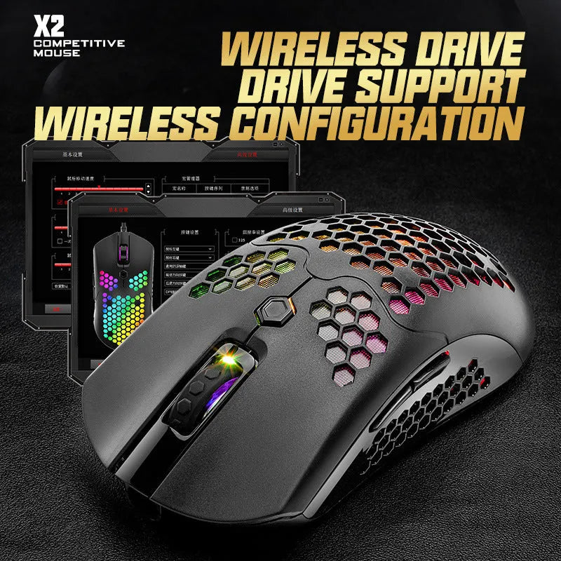Free Wolf X2 wireless gaming mouse with honeycomb shell and RGB lighting in multiple colour options on a desk.