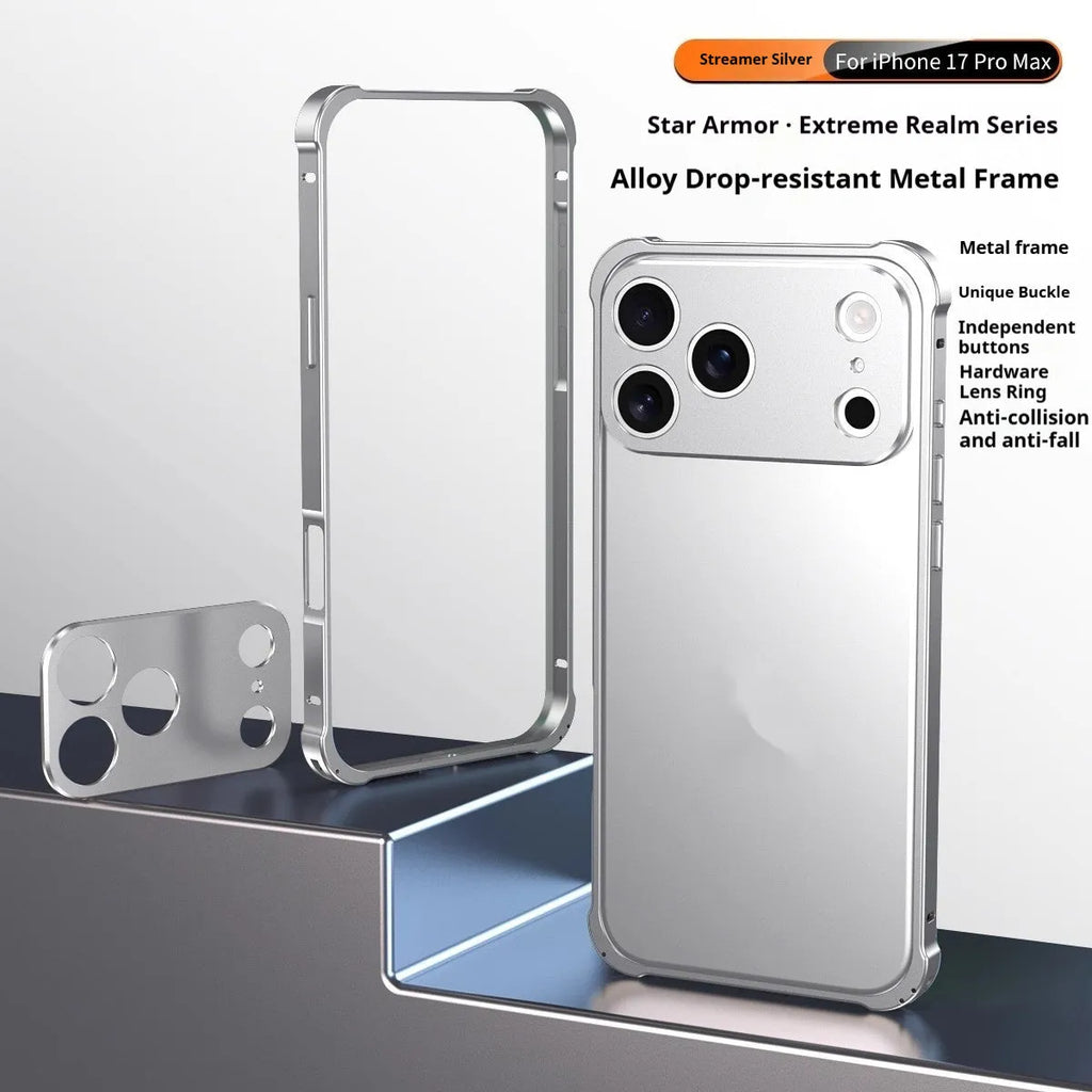 iPhone 17 series mobile phone case with a silver metal alloy frame and frosted finish, showing border-style design.