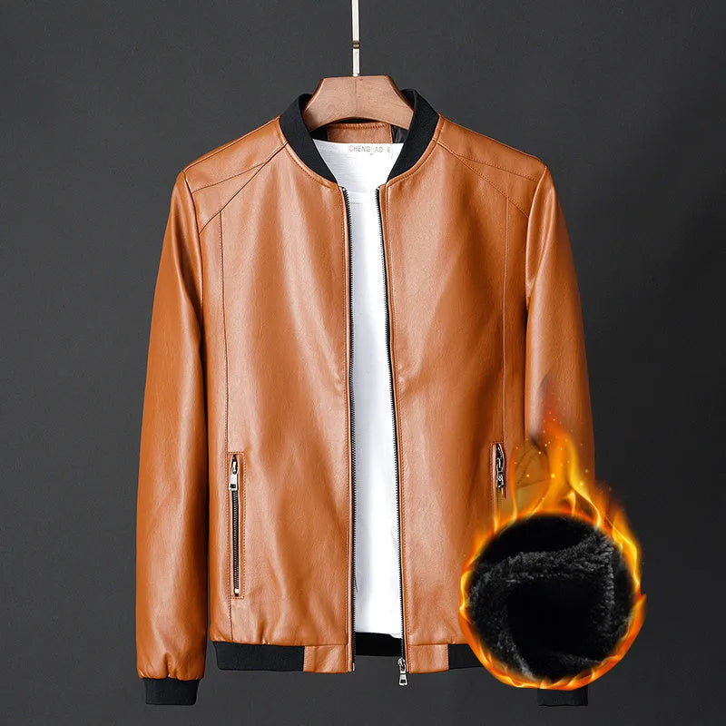 Men's PU leather slim fit stand collar zipper jacket in black