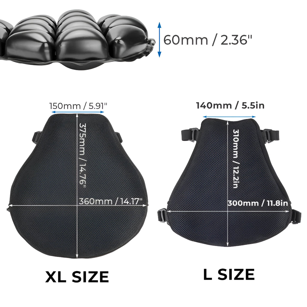 Black motorcycle seat cushion with airbag and 3D mesh cloth cover in L and XL sizes