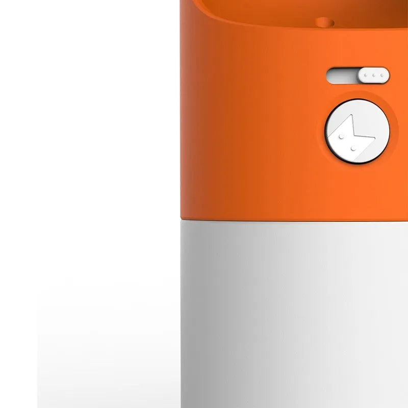 White MOESTAR rocket-shaped pet drinking cup with grey or orange accents showing one-button lock