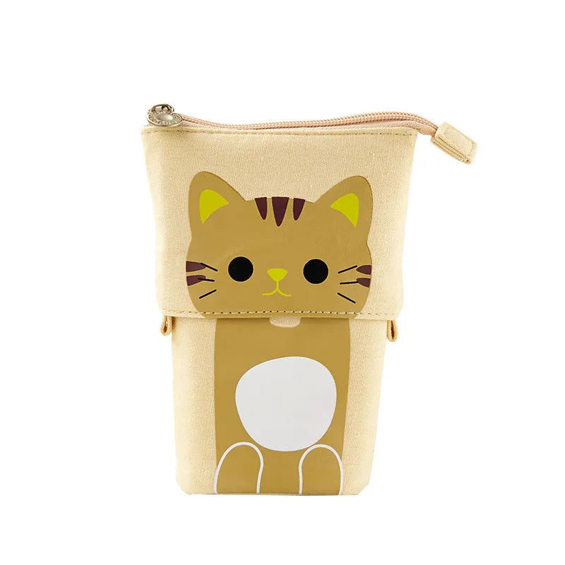 Round Korean-style canvas pencil case with cartoon animal prints measuring 19x7.5x12.5cm