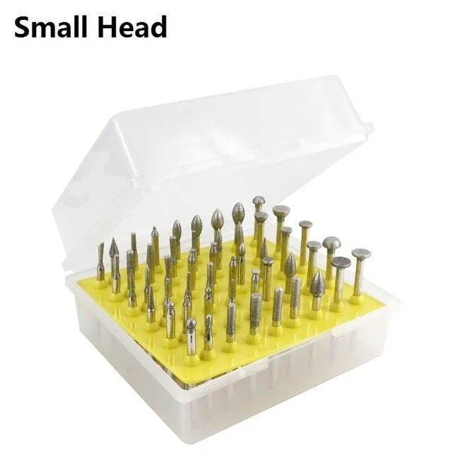 Set of gold-coloured alloy grinding heads with elliptical cone shapes and 3mm shanks