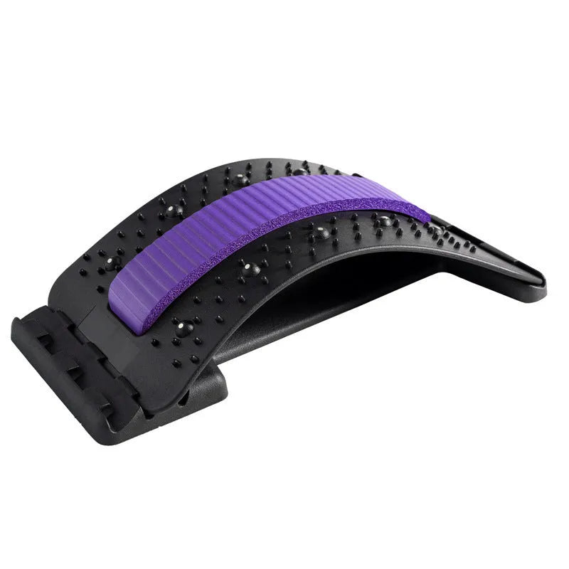 Adjustable back stretcher and waist massager with multiple massage heads in selectable colours.